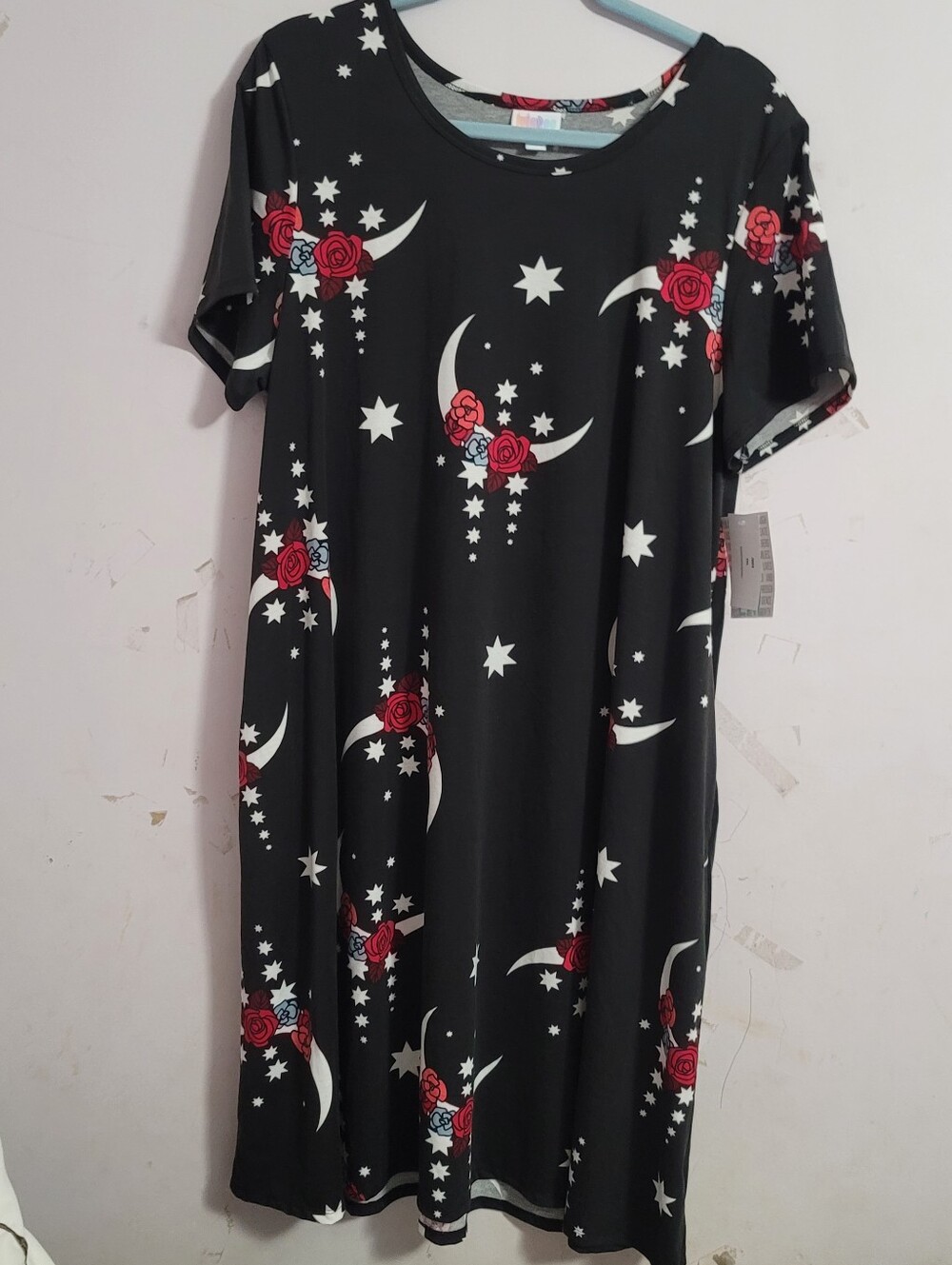 LuLaRoe Black Midi Dress with White Crescent & Red Rose Print
